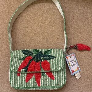 NWT Red Chili Pepper Green Red White Striped Beaded Bag Made in India Handmade